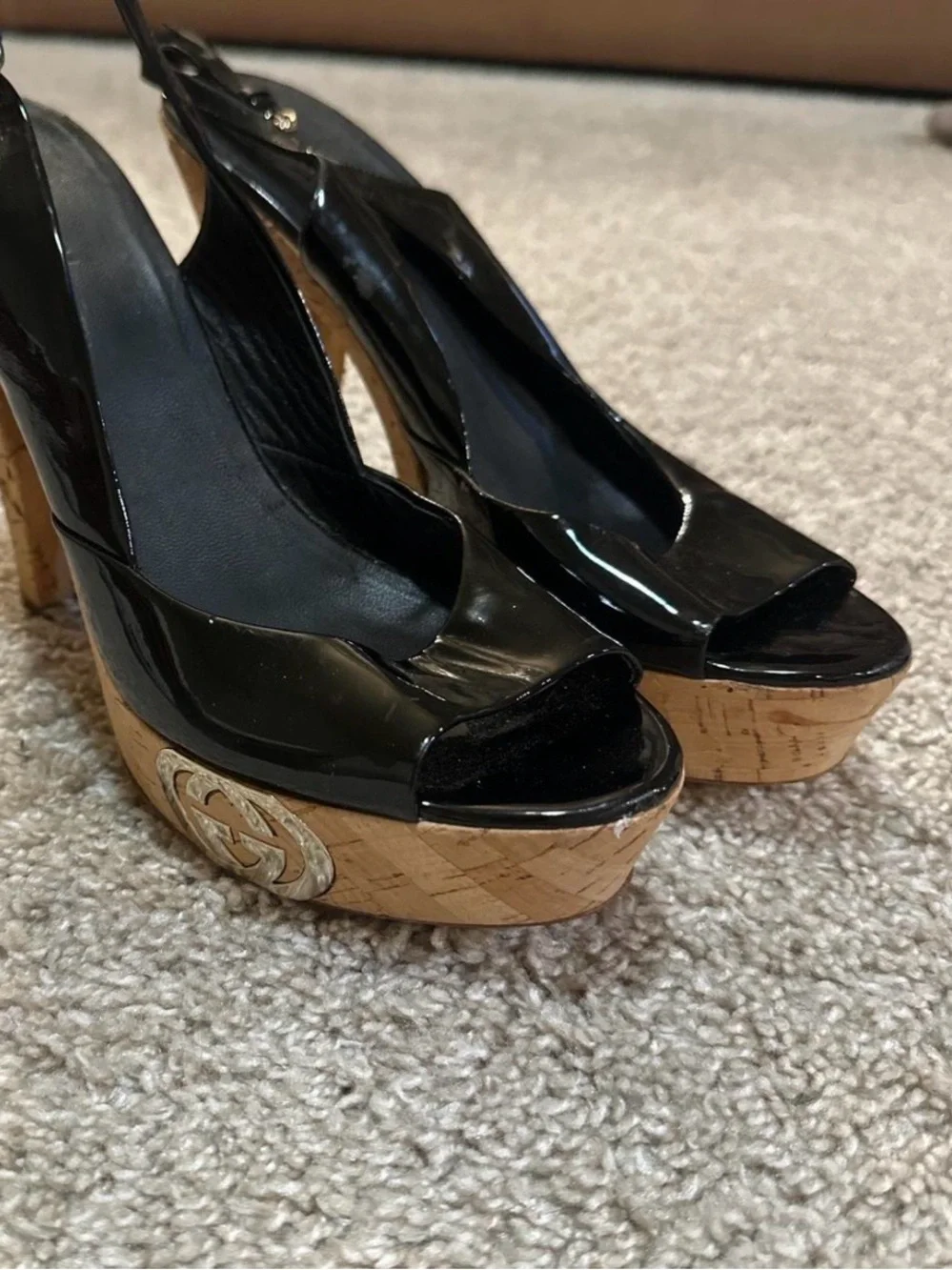 Gucci Black Patent Leather Cork Platform Peep-Toe Slingbacks with Logo